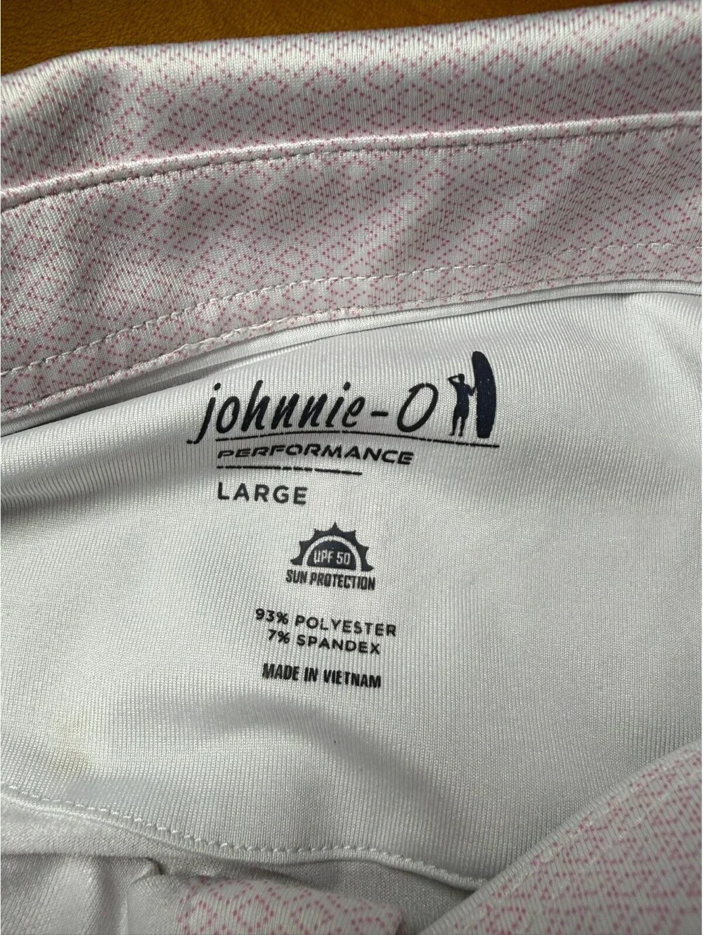 Johnnie-O Performance Polo Men’s Large Pink Geometric Golf UPF 50 Stretch